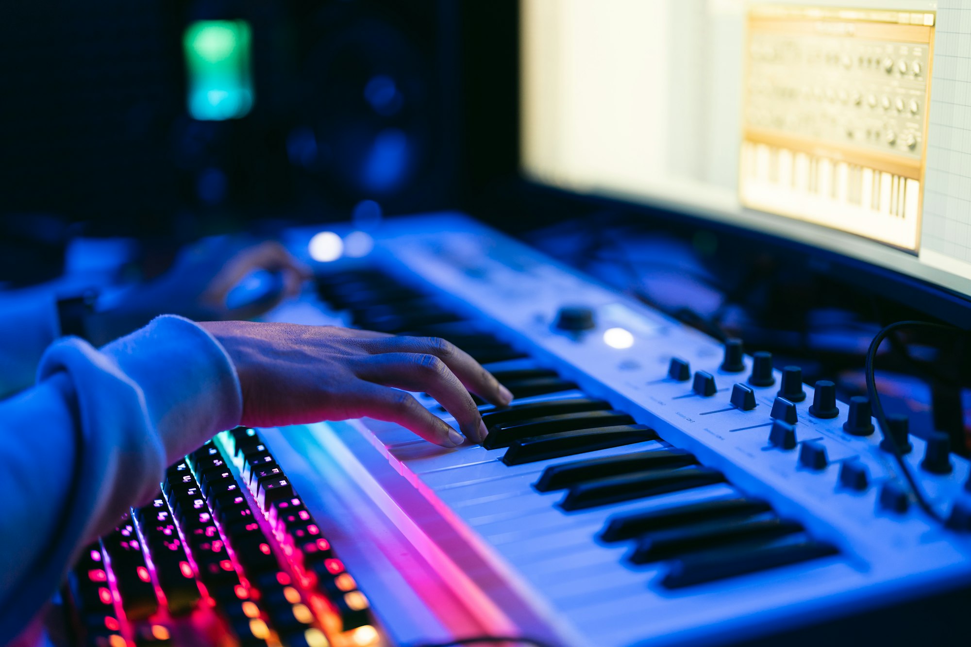 Close up sound producer hands working at studio