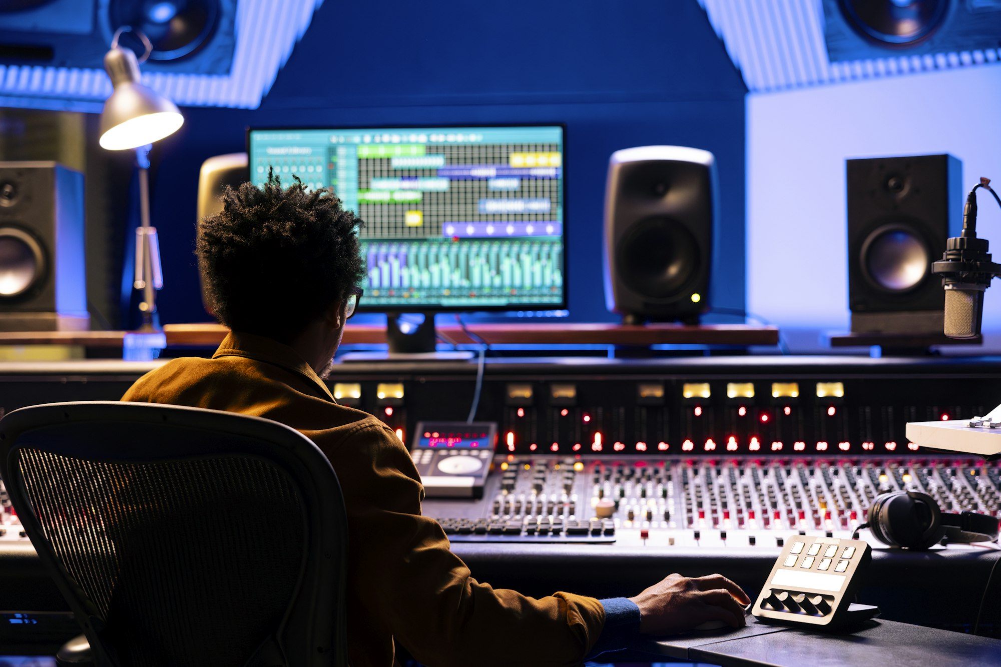 Music producer editing and processing sounds in control room