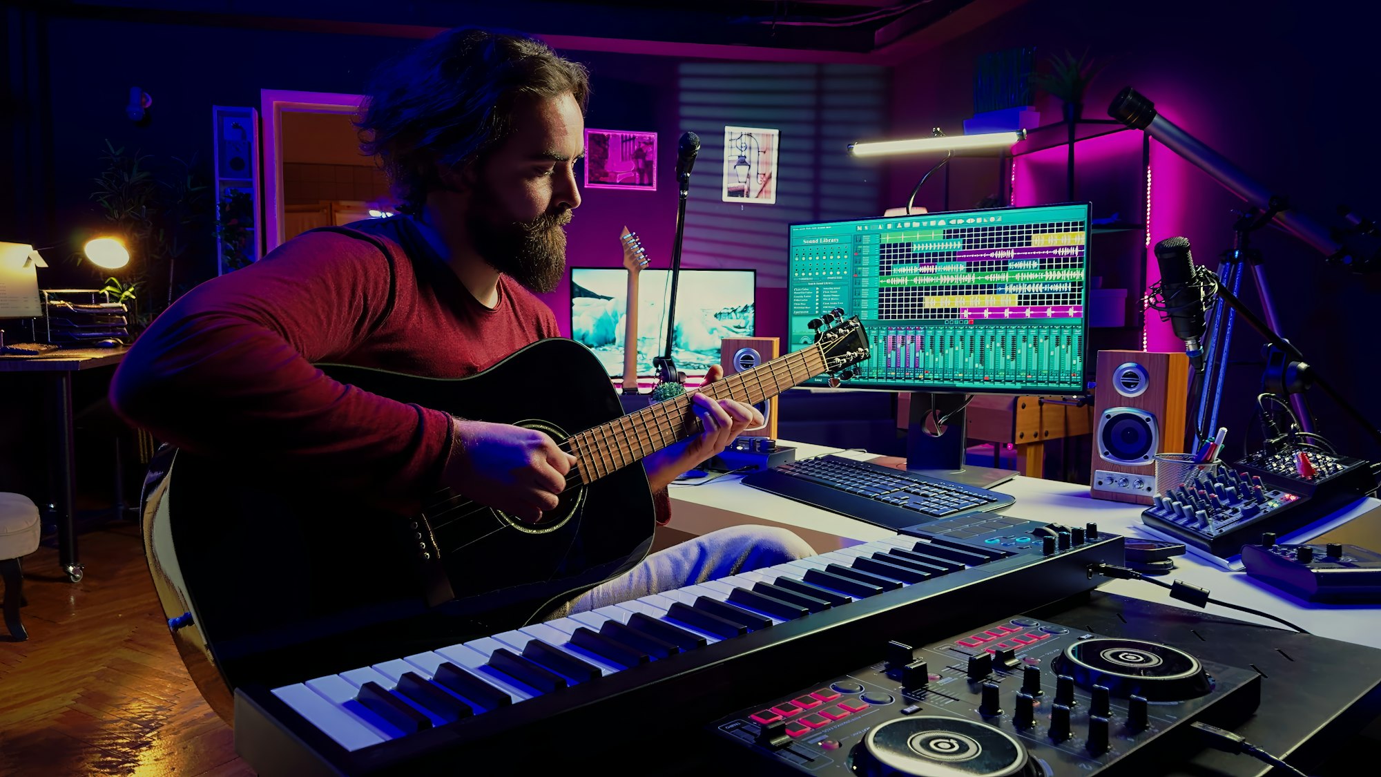 Music producer playing guitar to create tunes and mix them after